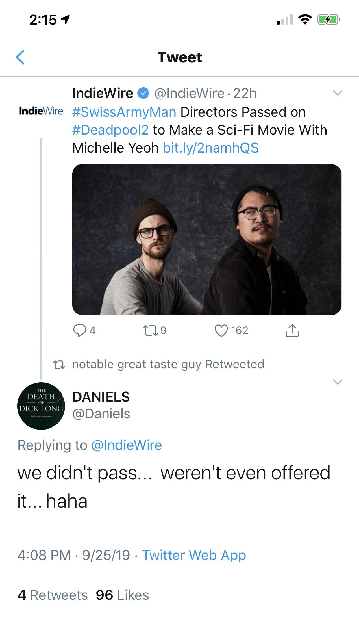 website - Tweet IndieWire 22h IndieVire Man Directors Passed on to Make a SciFi Movie With Michelle Yeoh bit.ly2namhos to notable great taste guy Retweeted exam Daniels we didn't pass... weren't even offered it... haha 92519. Twitter Web App 4 96