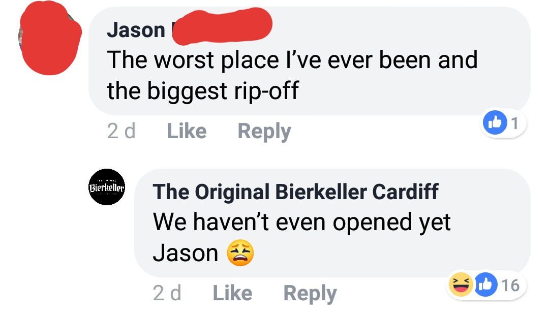 online advertising - Jason The worst place I've ever been and the biggest ripoff 2 d 13ierkeller The Original Bierkeller Cardiff We haven't even opened yet Jason 2d 16