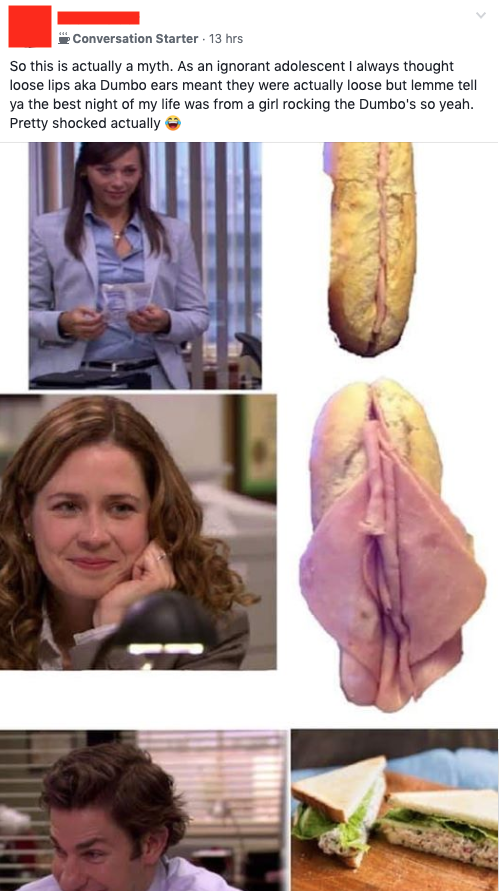 jenna fischer - Conversation Starter 13h So this is actually a myth. As an ignorant adolescent I always thought loose lips aka Dumbo ears meant they were actually loose but lomme tell ya the best night of my life was from a girl rocking the Dumbo's so yea