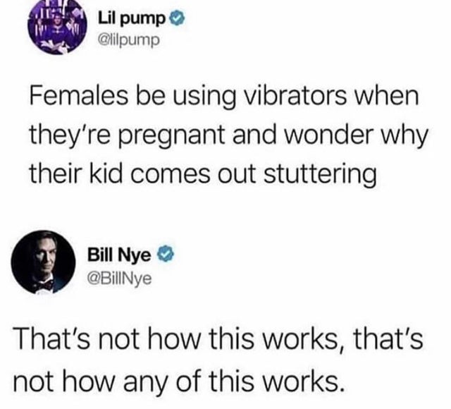 diagram - Lil pump Females be using vibrators when they're pregnant and wonder why their kid comes out stuttering Bill Nye That's not how this works, that's not how any of this works.