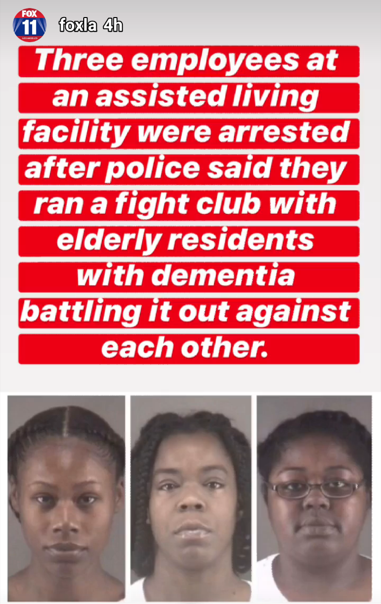 jaw - 11 foxla 4h Three employees at an assisted living facility were arrested after police said they ran a fight club with elderly residents with dementia battling it out against each other.
