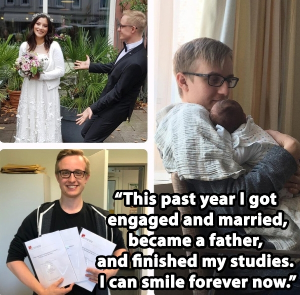 photo caption - This past year I got engaged and married, became a father, and finished my studies. I can smile forever now.