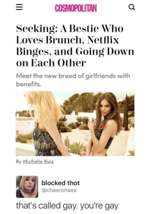 seeking a bestie who loves brunch netflix binges and going down on each other - Cosmopolitan Seeking A Bestie Who Loves Brunch, Netflix Binges, and Going Down on Each Other Meet the new breed of girlfriends with benefits. By Michelle Ruiz 10 blocked thot 