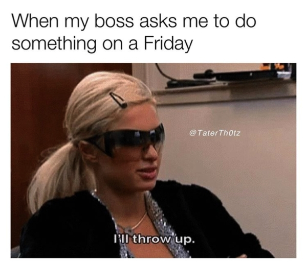 job memes - When my boss asks me to do something on a Friday Thotz I'll throw up.
