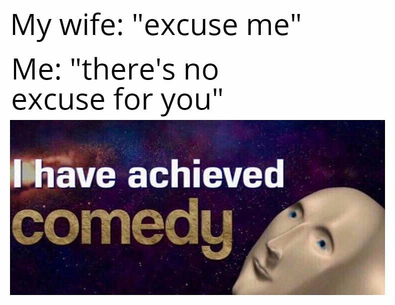 Humour - My wife "excuse me" Me "there's no excuse for you" I have achieved comedy