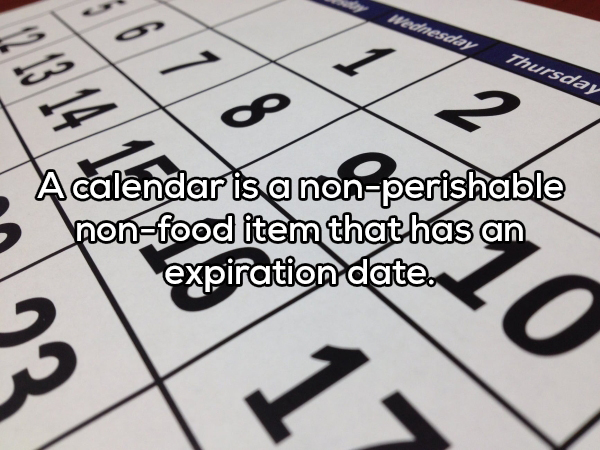 typing - Thursday A calendar is a nonperishable nonfood item that has an expiration date.