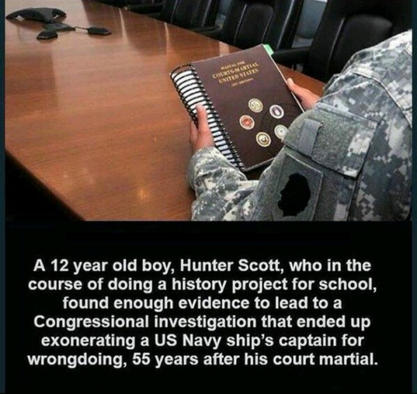photo caption - Courts Martial United States O e A 12 year old boy, Hunter Scott, who in the course of doing a history project for school, found enough evidence to lead to a Congressional investigation that ended up exonerating a Us Navy ship's captain fo