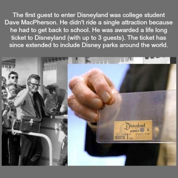 first disneyland customer - The first guest to enter Disneyland was college student Dave MacPherson. He didn't ride a single attraction because he had to get back to school. He was awarded a life long ticket to Disneyland with up to 3 guests. The ticket h