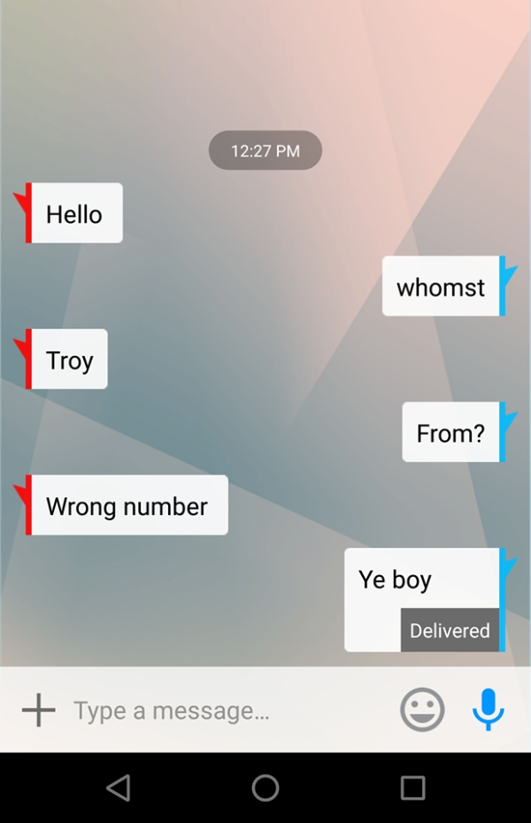 screenshot - Hello whomst Troy From? Wrong number Ye boy Delivered Type a message... O 0 0