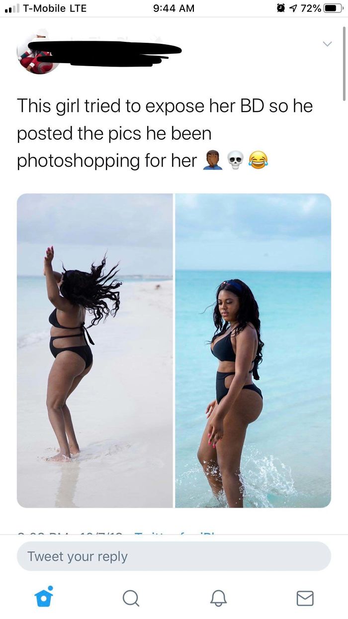 bikini - . TMobile Lte 0 7 72%O This girl tried to expose her Bd so he posted the pics he been photoshopping for her 2" @ Tweet your