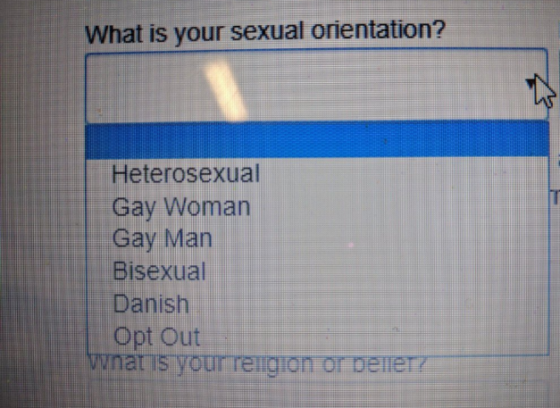 What is your sexual orientation? Heterosexual Gay Woman Gay Man Bisexual Danish Opt Out wat is your religion or bene?