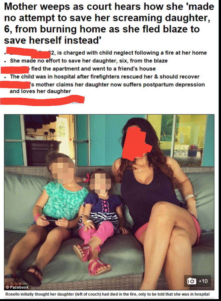 muscle - Mother weeps as court hears how she 'made no attempt to save her screaming daughter, 6, from burning home as she fled blaze to save herself instead 2. is charged with child neglect ing a fire at her home . She made no effort to save her daughter,
