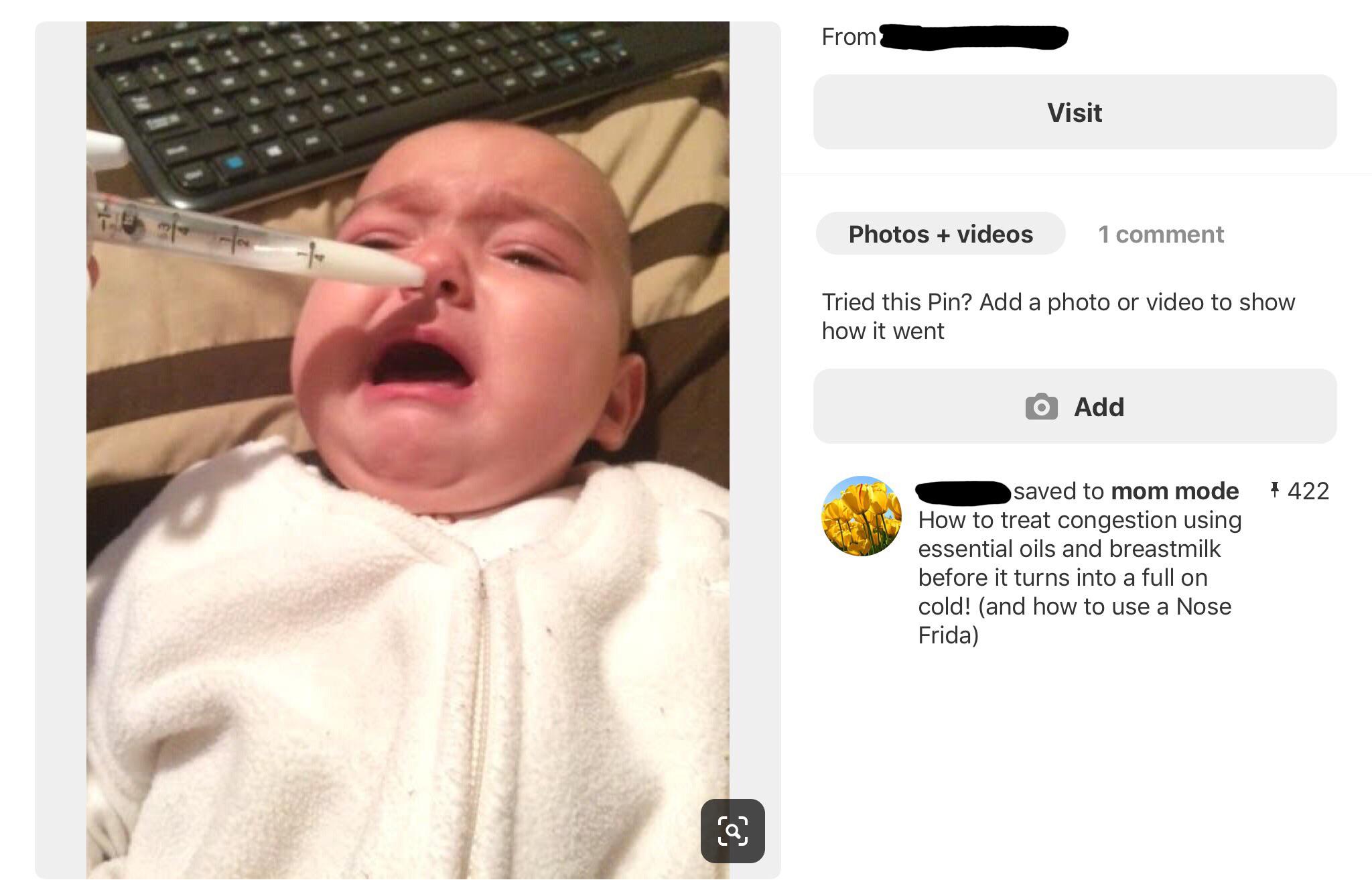 breast milk in nose for congestion in babies - From Visit Photos videos 1 comment Tried this Pin? Add a photo or video to show how it went O Add saved to mom mode 1422 How to treat congestion using essential oils and breastmilk before it turns into a full