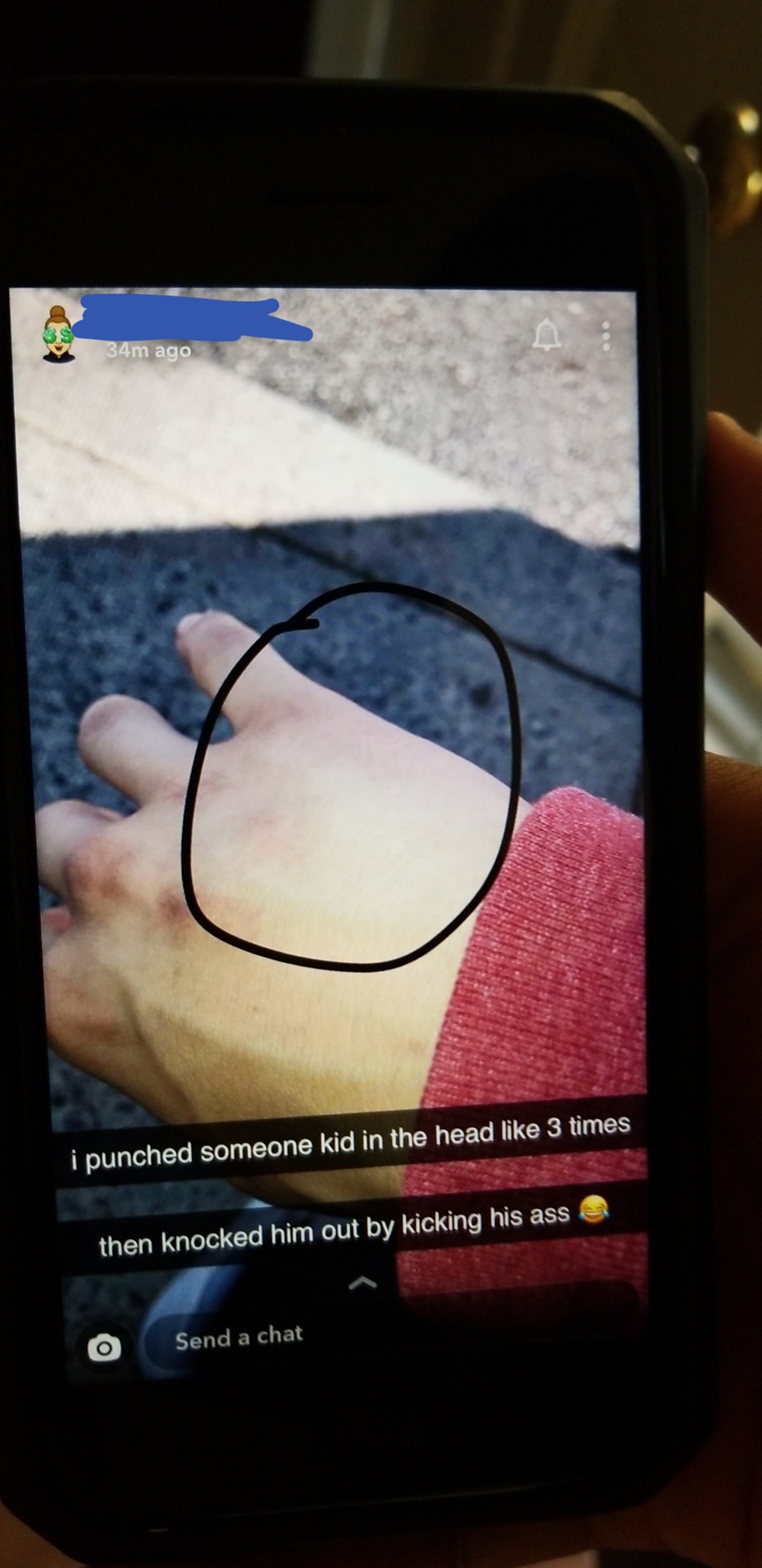 smartphone - 34m ago i punched someone kid in the head 3 times then knocked him out by kicking his ass Send a chat