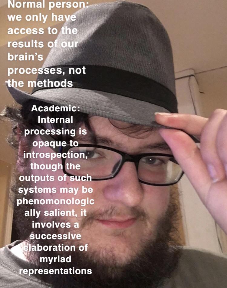 r justneckbeardthings - Normal person we only have access to the results of our brain's processes, not the methods Academic Internal Cprocessing is opaque to introspection, though the outputs of such systems may be phenomonologic ally salient, it involves