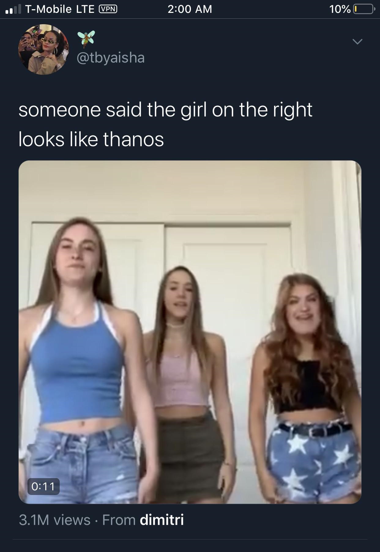 shoulder - | TMobile Lte Vpn 10% 0 someone said the girl on the right looks thanos 3.1M views From dimitri