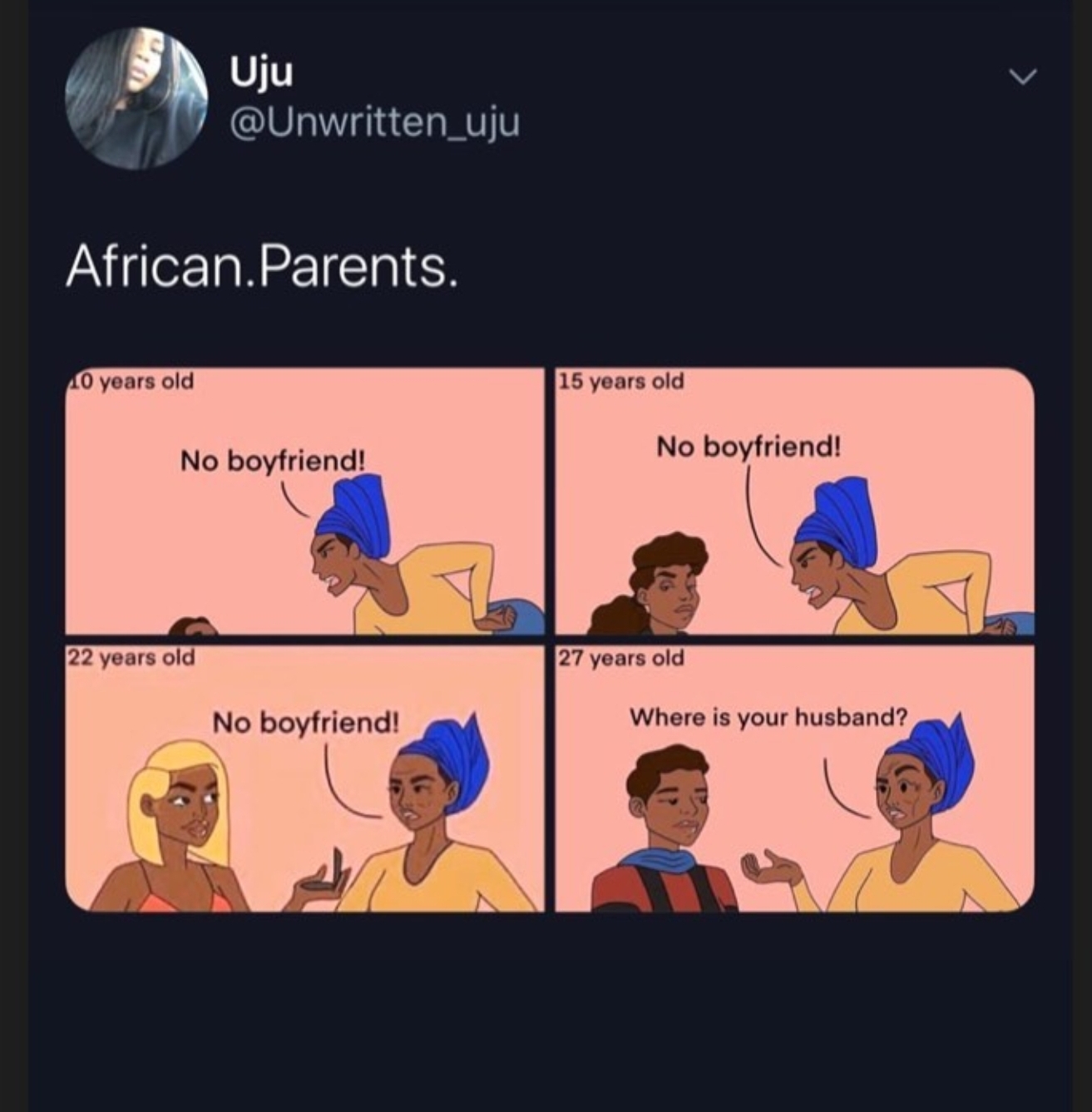 cartoon - Uju African.Parents. 10 years old 15 years old No boyfriend! No boyfriend! 22 years old 27 years old No boyfriend! Where is your husband?