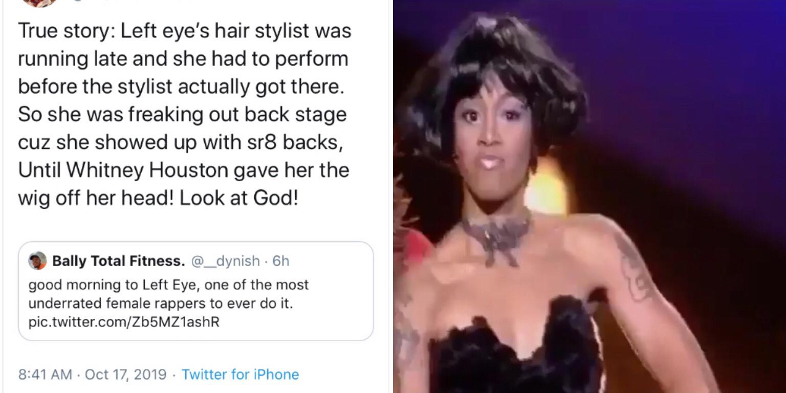 black hair - True story Left eye's hair stylist was running late and she had to perform before the stylist actually got there. So she was freaking out back stage cuz she showed up with sr8 backs, Until Whitney Houston gave her the wig off her head! Look a