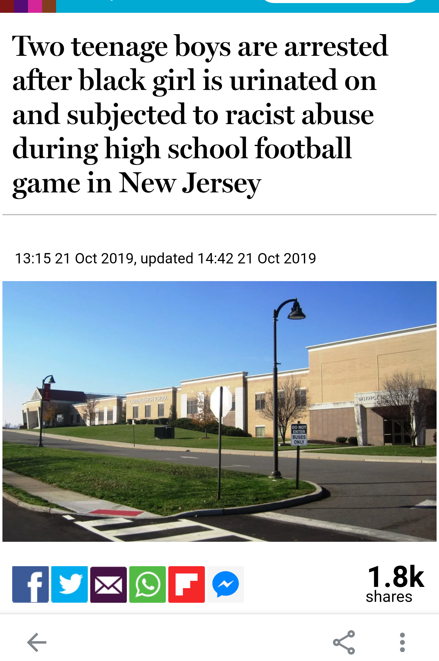 residential area - Two teenage boys are arrested after black girl is urinated on and subjected to racist abuse during high school football game in New Jersey , updated