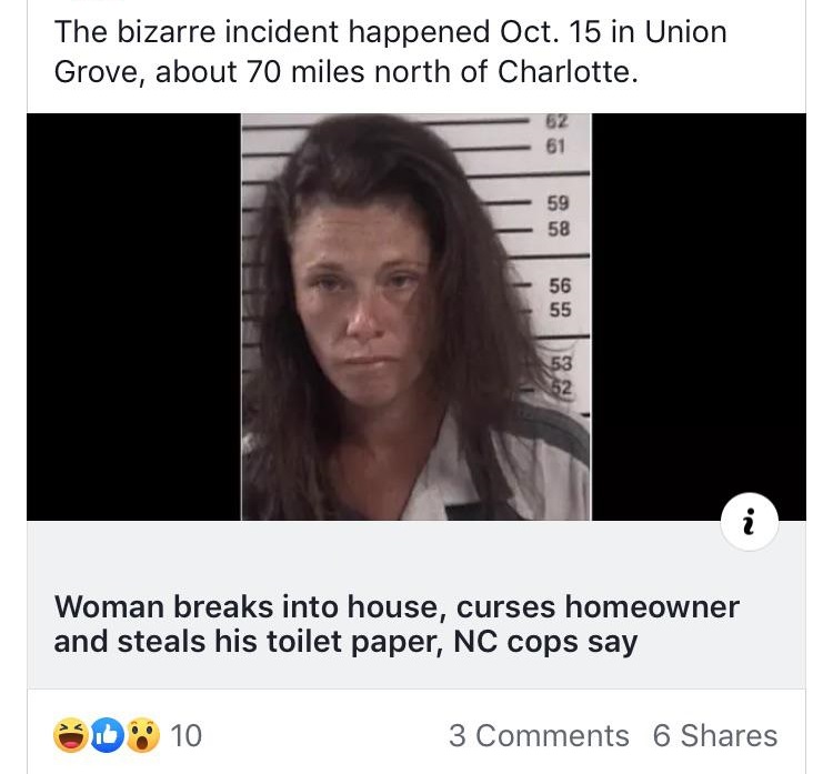 photo caption - The bizarre incident happened Oct. 15 in Union Grove, about 70 miles north of Charlotte. No Woman breaks into house, curses homeowner and steals his toilet paper, Nc cops say D 10 3 6