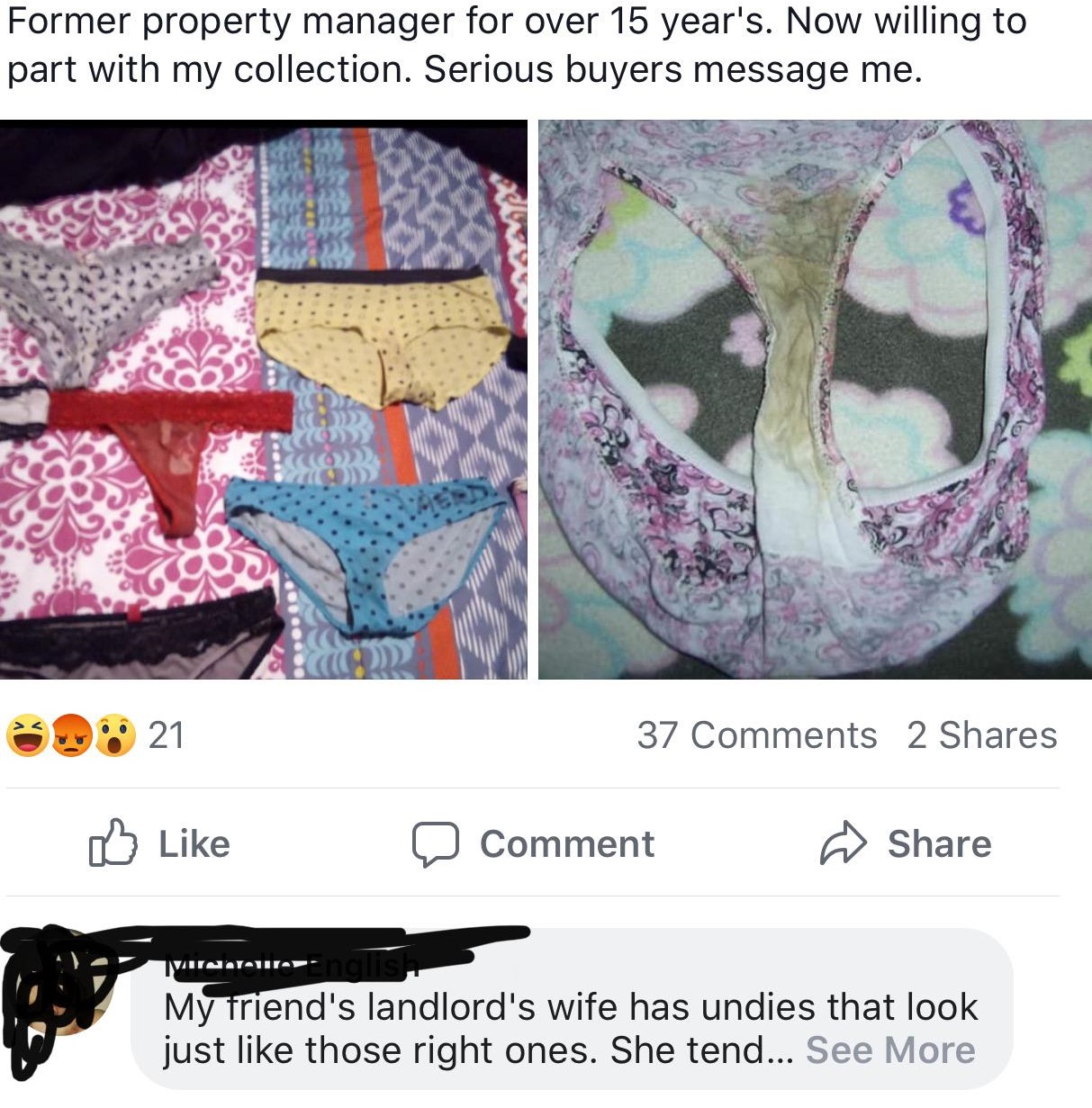 pattern - Former property manager for over 15 year's. Now willing to part with my collection. Serious buyers message me. 21 37 2 0 o Comment Via My friend's landlord's wife has undies that look just those right ones. She tend... See More
