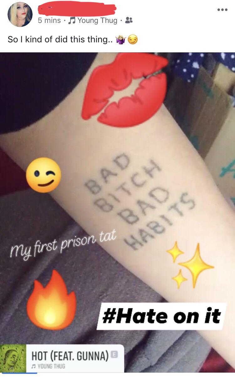 temporary tattoo - 5 mins . Young Thug. So I kind of did this thing.. by Bad my first prison tat Bitch On Eat Bad Habits on it Hot Feat. Gunna E Young Thug