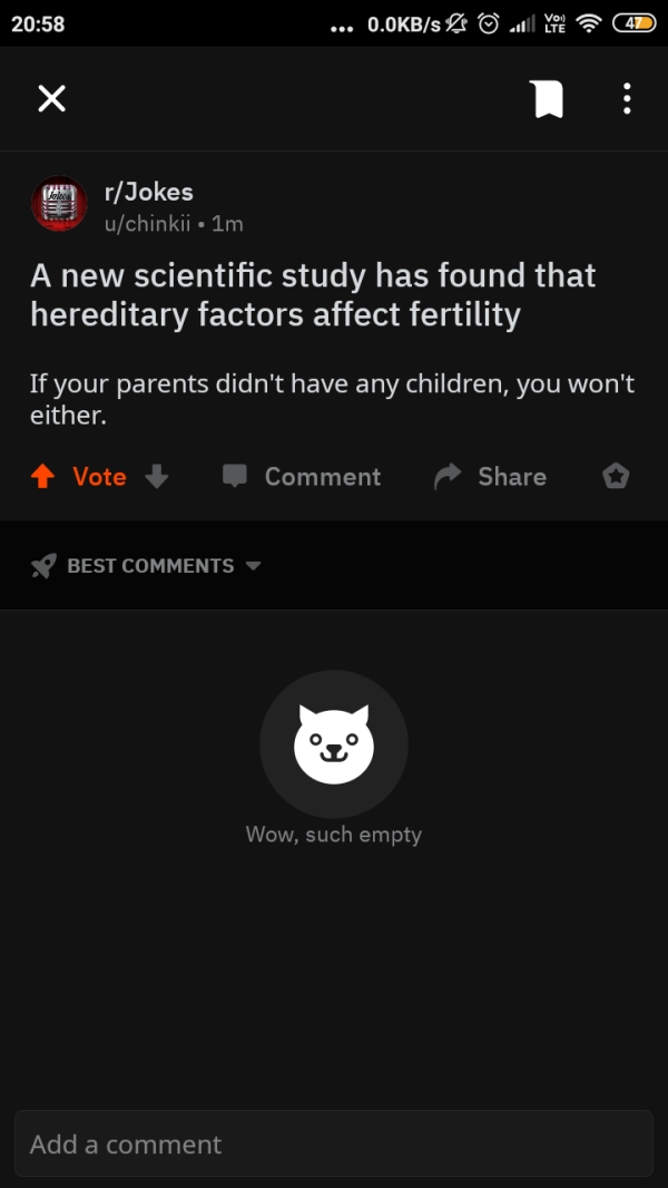 r cursedcomments - ... Bs Juul moel 4D rJokes uchinkii 1m A new scientific study has found that hereditary factors affect fertility If your parents didn't have any children, you won't either. Vote Comment o Best Wow, such empty Add a comment