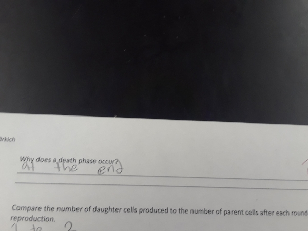 document - Brkich Why does a death phase occur? Compare the number of daughter cells produced to the number of parent cells after each round reproduction,