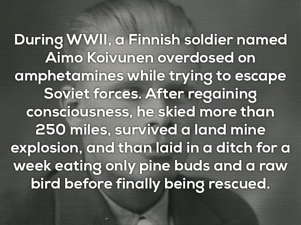homosexuality is found in over - During Wwii, a Finnish soldier named Aimo Koivunen overdosed on amphetamines while trying to escape Soviet forces. After regaining consciousness, he skied more than 250 miles, survived a land mine explosion, and than laid 