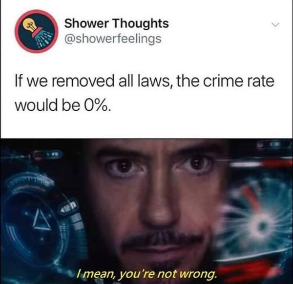 shower thoughts meme - Shower Thoughts If we removed all laws, the crime rate would be 0%. I mean, you're not wrong.