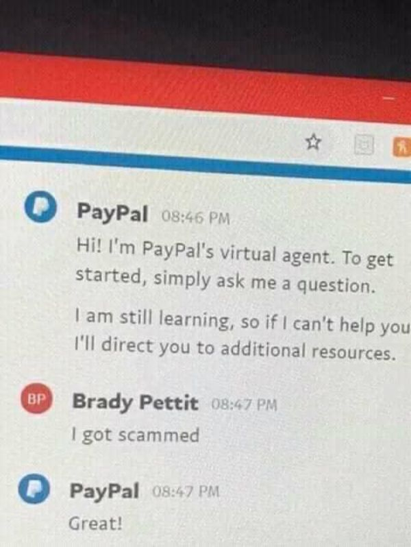 paypal virtual agent - O PayPal Hi! I'm PayPal's virtual agent. To get started, simply ask me a question. I am still learning, so if I can't help you I'll direct you to additional resources. Bp Brady Pettit I got scammed PayPal Great!