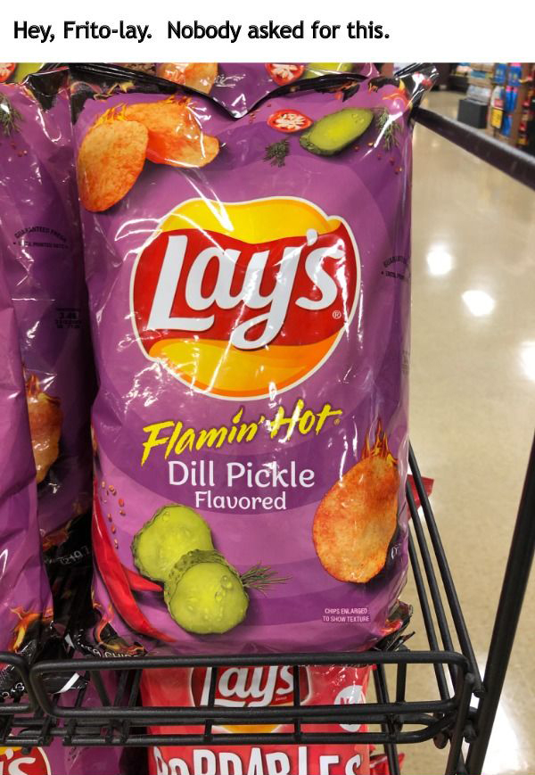 produce - Hey, Fritolay. Nobody asked for this. Lays Flaminifot Dill Pickle Flavored Chips Enlari To Show Teituse 'Trays 21 Oddadies
