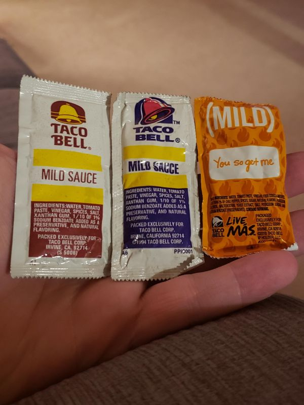 “The evolution of these mild sauce packets found deep in a kitchen drawer.”