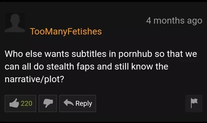 Too ManyFetishes Who else wants subtitles in pornhub so that we can all do stealth faps and still know the narrativeplot? 220 2