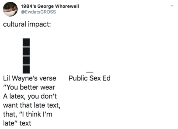 cartoon - 1984's George Whorewell cultural impact Public Sex Ed Lil Wayne's verse "You better wear A latex, you don't want that late text, that, "I think I'm late" text