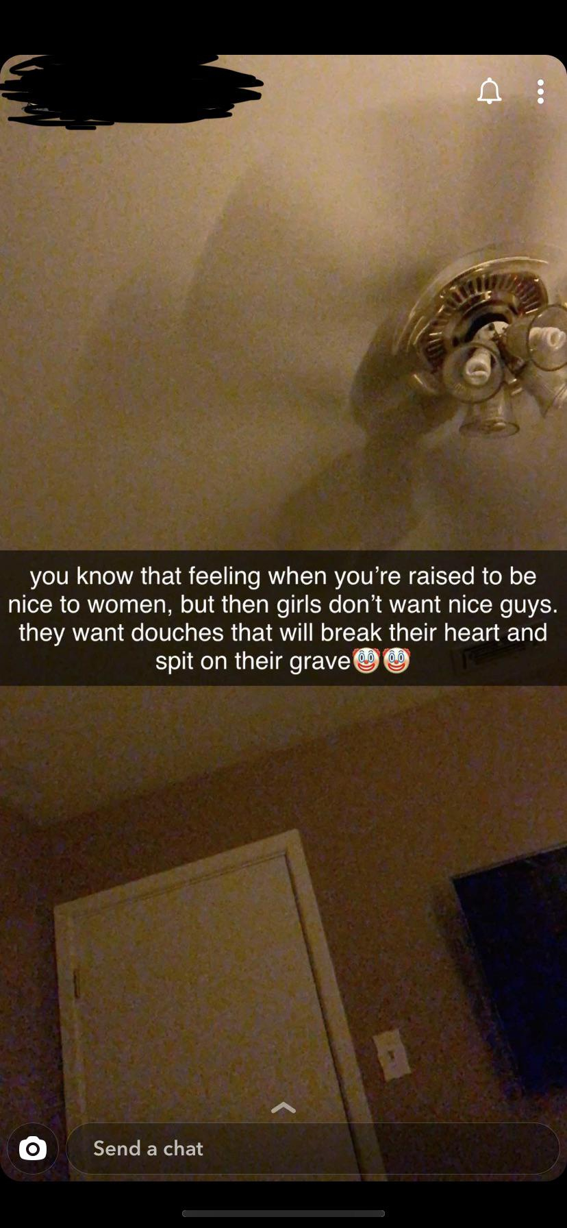 screenshot - you know that feeling when youre raised to be nice to women, but then girls don't want nice guys. they want douches that will break their heart and spit on their grave Send a chat