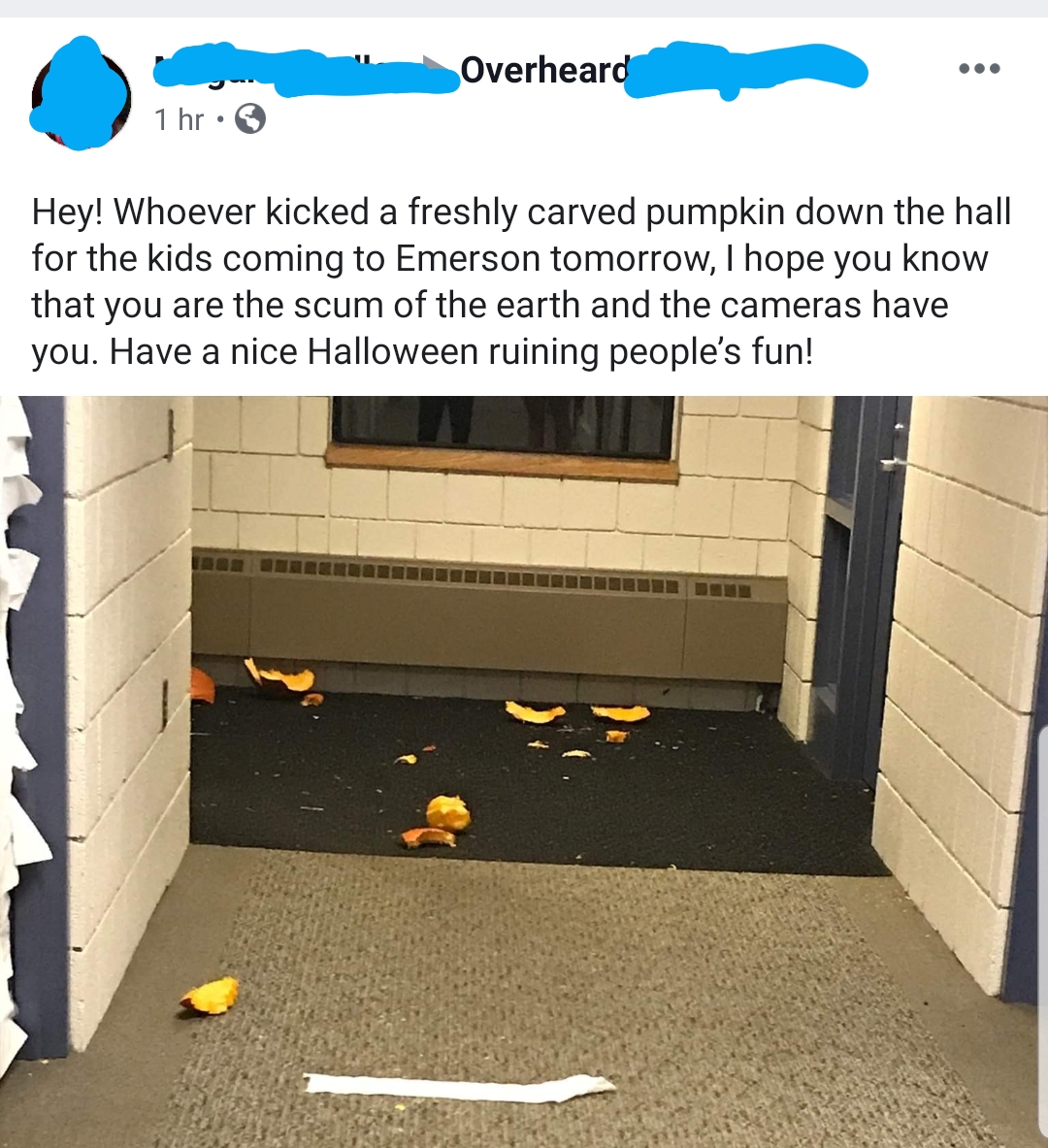 floor - Overheard 1 hr. Hey! Whoever kicked a freshly carved pumpkin down the hall for the kids coming to Emerson tomorrow, I hope you know that you are the scum of the earth and the cameras have you. Have a nice Halloween ruining people's fun!