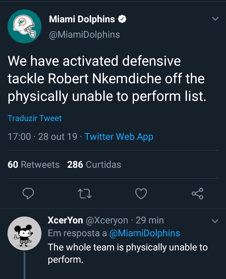 materialup - Miami Dolphins We have activated defensive tackle Robert Nkemdiche off the physically unable to perform list. Traduzir Tweet 28 out 19 Twitter Web App 60 _286 Curtidas 27 XcerYon 29 min Em resposta a The whole team is physically unable to per