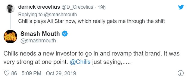 To that response, Smash Mouth tweeted out some strong words for Chili’s.