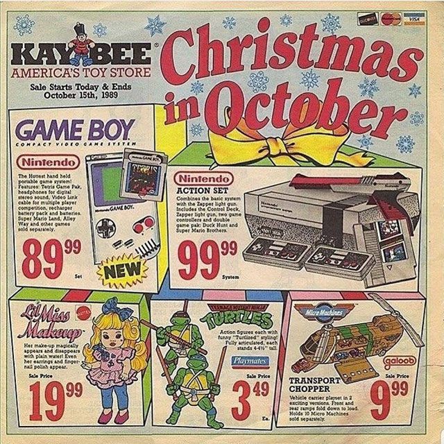 game boy - Kayabee Christmas in October America'S Toy Store Sale Starts Today & Ends October 15th, 1989 Game Boy Nintendo The Montent Mand Meld Features Tetris Game Pak. Pendphones for diote stereo sound, Video Link cable for mutiple player competition re