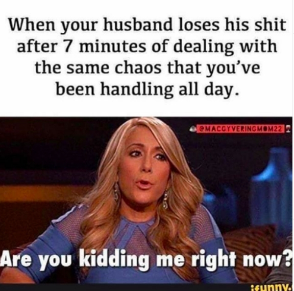 your husband loses his shit - When your husband loses his shit after 7 minutes of dealing with the same chaos that you've been handling all day. e eMACGYVERING MOM22 Are you kidding me right now? ifunny.