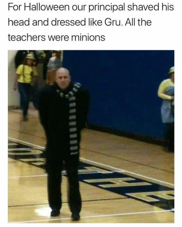 principal gru teachers minions - For Halloween our principal shaved his head and dressed Gru. All the teachers were minions