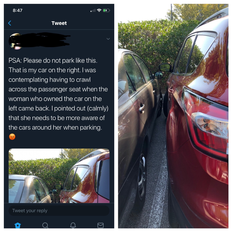 twitter com psa please do not park like this that is my car on the right i was contemplating having to crawl across the passenger seat when the woman who owned the car on the left came back i pointed out calmly that she needs to be more aware of the cars 