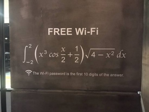 Free WiFi x cos 2 2 Va x dx The WiFi password is the first 10 digits of the answer.