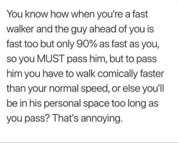 annoying things You know how when you're a fast walker and the guy ahead of you is fast too but only 90% as fast as you, so you Must pass him, but to pass him you have to walk comically faster than your normal speed, or else you'll be in his personal spac