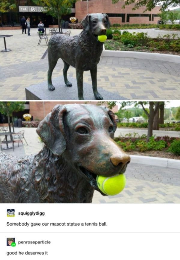 dog statue with tennis ball - The R2 squigglydigg Somebody gave our mascot statue a tennis ball. penroseparticle good he deserves it