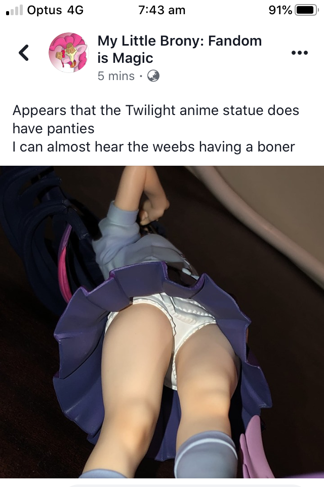 thigh - . Optus 4G 91% My Little Brony Fandom is Magic 5 mins. Appears that the Twilight anime statue does have panties I can almost hear the weebs having a boner