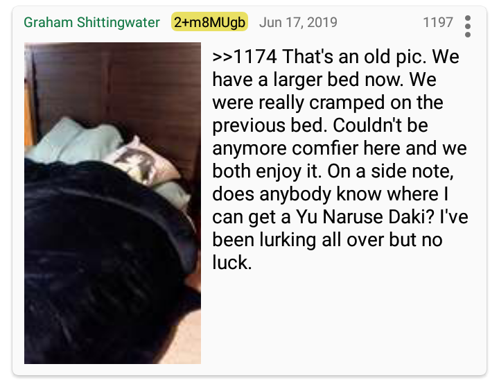 media - Graham Shittingwater 2m8MUgb 1197 >>1174 That's an old pic. We have a larger bed now. We were really cramped on the previous bed. Couldn't be anymore comfier here and we both enjoy it. On a side note, does anybody know where | can get a Yu Naruse 