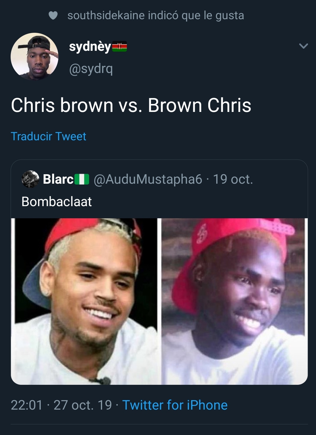 black twitter - southsidekaine indic que le gusta sydney Chris brown vs. Brown Chris Traducir Tweet Blarc 6. 19 oct. Bombaclaat . 27 oct. 19. Twitter for iPhone