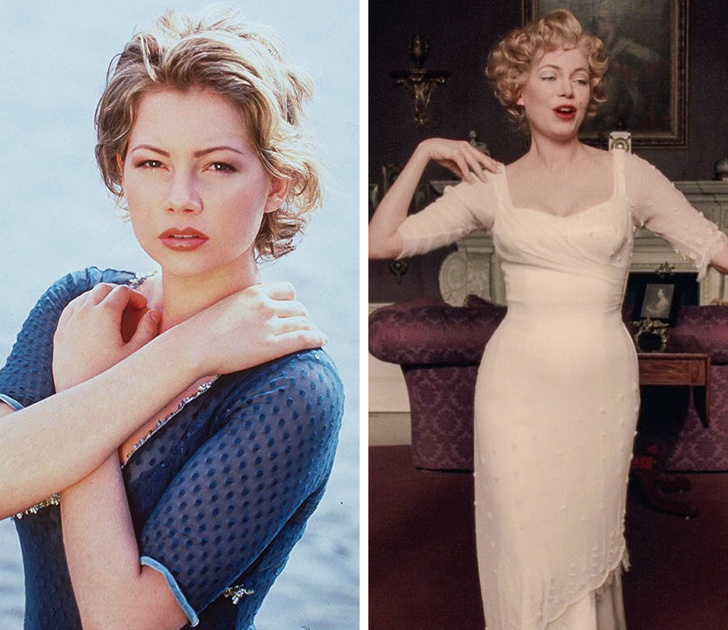 Michelle Williams tied her knees together with a belt so she could walk like Marylin Monroe in the movie My Week With Marilyn. She tried to imitate Marylin’s famous walk and also worked very hard to keep her posture straight.